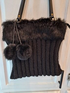Murval Paris Vintage Black Faux Fur Cable Knit Shoulder Handbag with Pom Poms